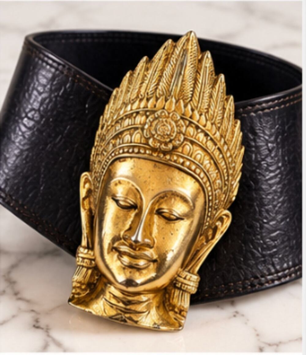 VTG Wide Black Leather Belt Oversized Gold Goddess Head Boho Statement Buckle